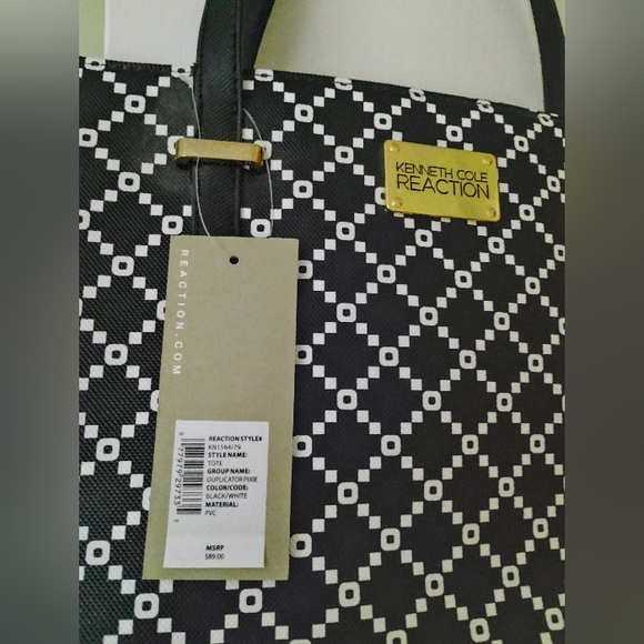 NWT - Kenneth Cole Reaction Black & White PVC Tote Bag H 10" × L 17" × D 6" - Picture 2 of 8
